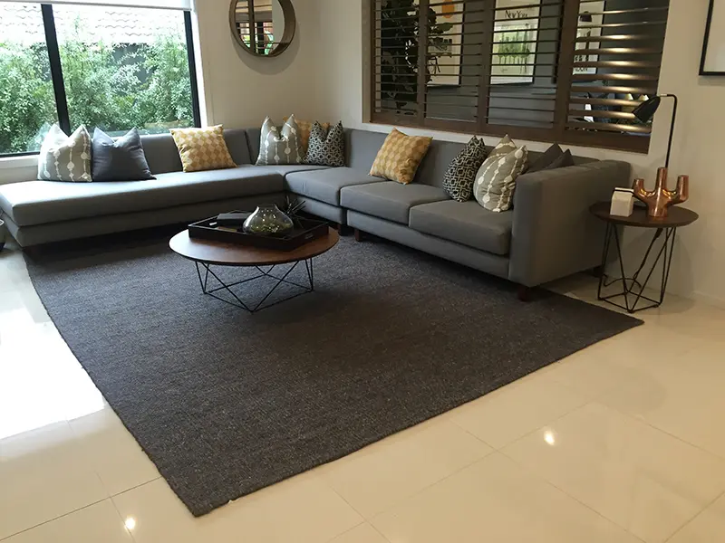 White porcelain floor tiles in lounge room